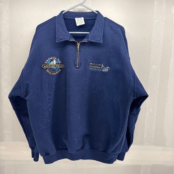 Marine Expeditions Antarctica Navy Pullover Patches Worlds End Penguins Mens XL - Picture 1 of 8